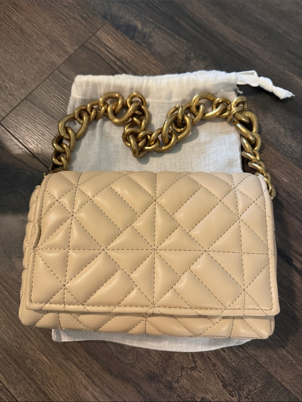 Zara Quilted Beige Shoulder Bag with Gold Chain